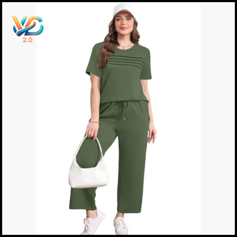 Two Piece Set Wide Leg Pants Short Sleeve Lounge Travel Outfit S-3XL - Picture 3 of 7